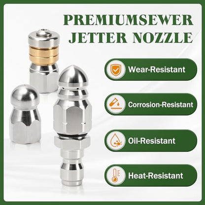 Sewer Jetter Nozzle Kit, 3-Pack Stainless Steel Jet Nozzles with Rotating, Button Nose, and Fixed Models, 1/4” Quick Connect, Up to 5000 PSI for Pressure Washer Drain Cleaning - color: 3-Pack