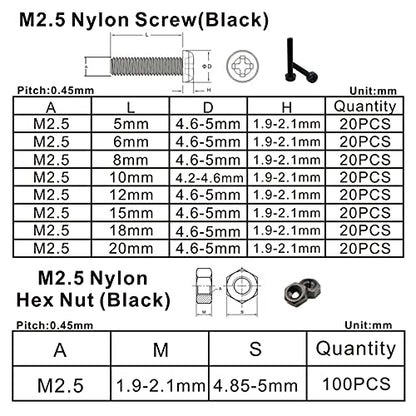 Metric M2.5 Black Nylon Phillips Pan-Head Screws, Nuts & Washers Kit - color: Black-M2.5