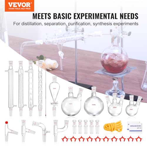 VEVOR Lab Distillation Kit, 3.3 Boro Lab Glassware Distillation Kit with 24, 40 Joint, 1000ml Essential Oil Distillation Apparatus Kit, 32 pcs Set of Glassware Equipment - size: 32 Pieces