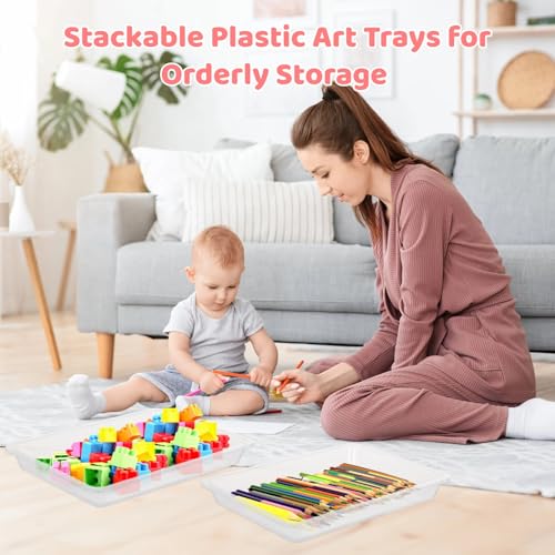 OMISTAR 24 PCS Plastic Art Clear Trays - 11 x 8.3 x 1.2 Inches Flat Storage Tray Serving Organizer Trays, Stackable Bins for Painting Beads Office DIY Projects