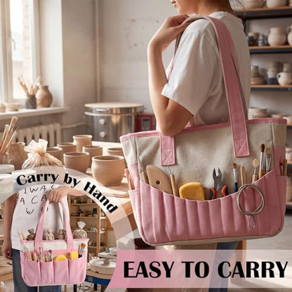 SilTriangle 14oz Pottery Tool Bag with Multiple Pockets Pink Canvas Art Supply Organizer Tote Bag for Storing Clay Sculpting Ceramic Tools Washable Canvas Craft Tote for Yarn and Crochet Supplies