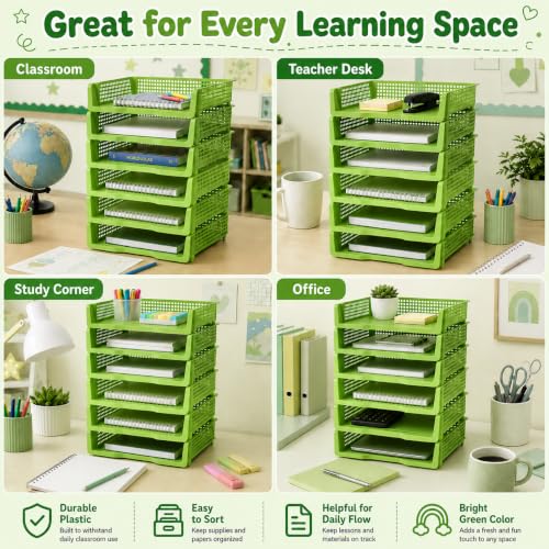 6 Pcs Green Turn in Trays Classroom, Stackable Paper Bins for Classroom, 13x9x2.8 inch Plastic Baskets Desktop Organization System Office (Green) - color: Green