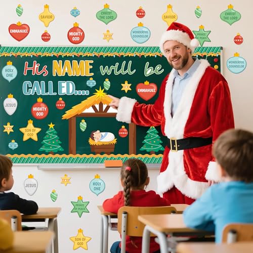 TICIAGA Religious Jesus Christian Bulletin Board - 81Pcs Nativity His Name Will Be Called Religious Cutout Trim Border for Xmas Holiday Church Sunday School Classroom Chalkboard Wall Decor - style: Christmas