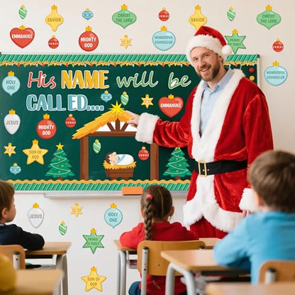 TICIAGA Religious Jesus Christian Bulletin Board - 81Pcs Nativity His Name Will Be Called Religious Cutout Trim Border for Xmas Holiday Church Sunday School Classroom Chalkboard Wall Decor - style: Christmas
