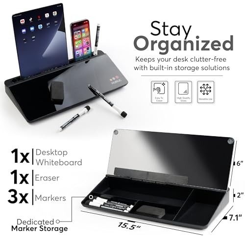 HURUC Desk Buddy Glass Desktop Whiteboard – Desk Board Buddy Hidden Storage - color: Black