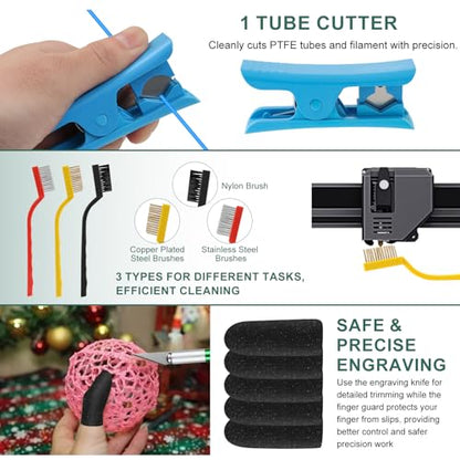 3D Printer Tools Kit, 100pcs 3D Printer Accessories for All FDM/SLA Printers Includes Deburring Tool,Cleaning Kit, Sanding Kit, Nozzle Cleaning Needles, Scraper Tools, Maintenance kit, Brushes
