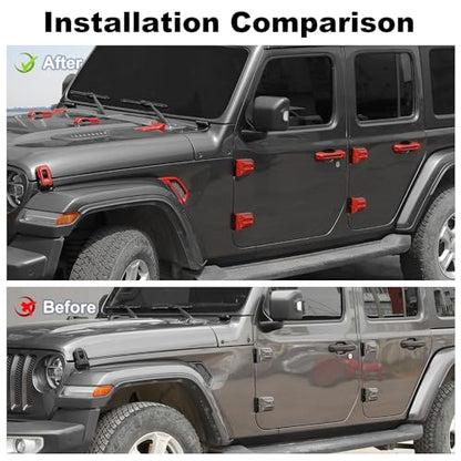 JWWY Complete Exterior Cover Trim Kit for 2018–2026 Jeep Wrangler JL JLU, Full Coverage Door Handle Hood Hinge Hood Latch Side Air Vent Rear Tailgate Window Hinge Covers, 43PCS Red - color: Red
