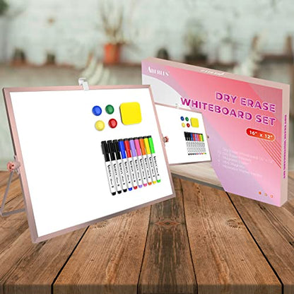 Magnetic Dry Erase White Board with Stand, 16" x 12" Desktop White Board - color: Rose Gold