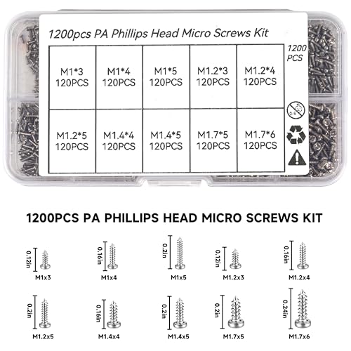 1200PCS Mini Screws Assortment Kit, M1/M1.2/M1.4/M1.7 Tiny Self-Tapping Screws with Tweezers, Micro Screws Set for Glasses, Watches, Electronics, Repairing