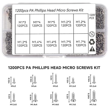 1200PCS Mini Screws Assortment Kit, M1/M1.2/M1.4/M1.7 Tiny Self-Tapping Screws with Tweezers, Micro Screws Set for Glasses, Watches, Electronics, Repairing
