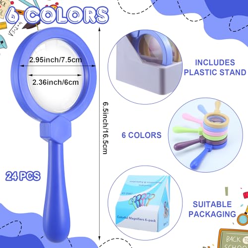 24 Pcs Magnifying Glass for Kids with Stand Plastic, Light Colors - color: Light Colors