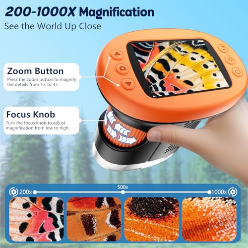 Odatay 2.4" 4K 1000X Digital Kids Microscope with 32G Card 12 Slides Orange - color: Orange