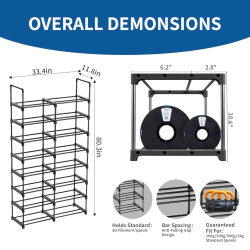 8-Tier 2-Column Modular 3D Printer Filament Storage Rack, 33.4" x 11.8" Metal Filament Spool Holder & Organizer, Holds 96 Spools(1kg), for Home Office Workshop, Tool-Free Assembly