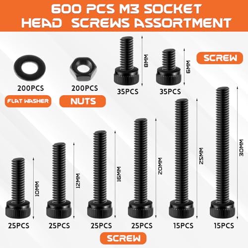 Hapric 600 Pcs M3 Screws Assortment Kit, M3x 6-30MM Bolts Kits - color: Black, size: M3x6mm-30mm 600Pcs