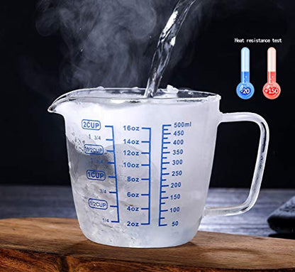 Glass Measuring Cup with Lid, Graduated Beaker Mug with Handle, Light-weight Borosilicate Glass V-Shaped Spout Microwave Safe Scales Cup for Cooking Baking (2cup/16oz/500ml) - size: 16 fl oz