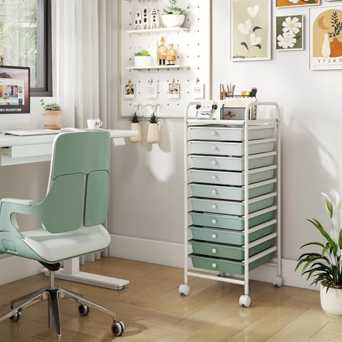 Giantex 10-Drawer Rolling Storage Cart w/Wheels, Handle, Removable Drawers, Mobile Organizer Storage Unit, Trolley Utility Cart for Home Kitchen Living Room Office Play Room, Green Gradient - color: Green Gradient, size: 10 Drawers Small
