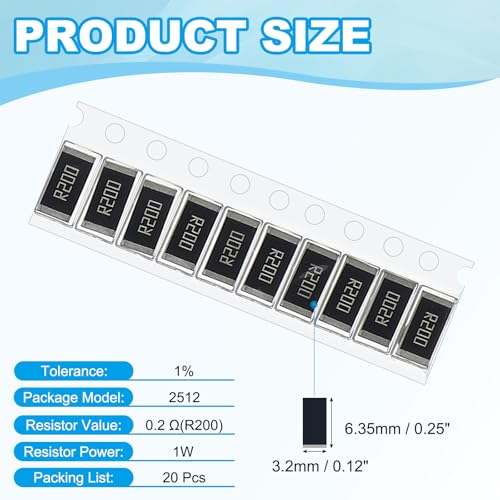 PATIKIL 2512 Surface Mount Device Chip Resistor Kit, 20Pcs 0.2 Ohm 1% Tolerance 1W DIY Resistor Ceramic Resistance Assortment Kits for Electronic Products - style: 0.2 Ohm
