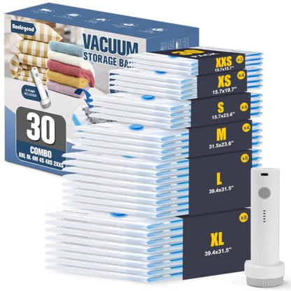 BoxLegend Vacuum Storage Bags with Electric Pump 30 Combo (8XL, 8L, 4M, 4S, 4XS, 2XXS) Heavy-Duty Thickened Vacuum Seal Bags for Clothing Space Saving for Closet & Travel Pillow Comforters Bedding - size: 30 Combo - Electric Pump