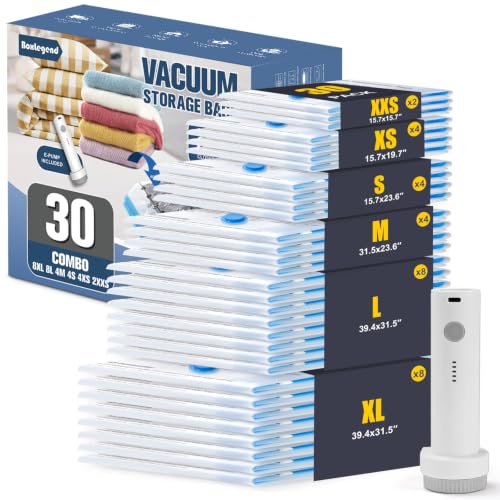 BoxLegend Vacuum Storage Bags with Electric Pump 30 Combo (8XL, 8L, 4M, 4S, 4XS, 2XXS) Heavy-Duty Thickened Vacuum Seal Bags for Clothing Space Saving for Closet & Travel Pillow Comforters Bedding - size: 30 Combo - Electric Pump