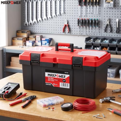 MAXPOWER 19-inch Plastic Tool Box, Handheld, Removable Tray, Lockable - color: Red, size: 19"