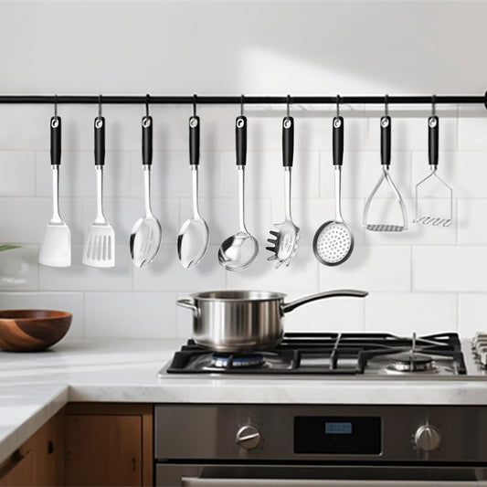 18/0 Stainless Steel Cooking Utensils Set, Heavy Duty Kitchen Utensils for Daily Use Party Wedding Housewarming, Dishwasher Safe, 9 Pieces - color: Black, size: 9PCS-Cooking Utensils Set