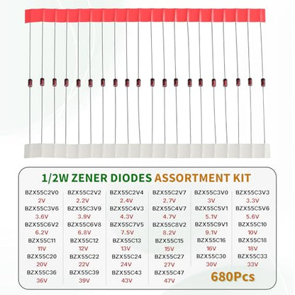34Values 680PCS 1/2W Zener Diode Kit 2V to 47V 0.5W Diodes Assortment Set