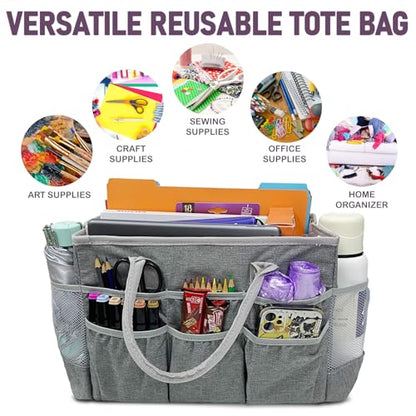 Cupohus Craft Organizer Tote Bag – Craft Caddy with 2 Mesh Side Pockets & Front Elastic Pockets, Foldable Large Capacity Supply Storage Bag for Sewing, Knitting, Painting, and Travel (Grey) - color: Grey