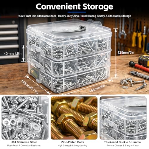 smseace 2013Pcs SAE&Metric Nuts and Bolts Assortment Kit 62-Sizes M3/M4/M5/M6/M8#6#8#10 1/4'' 5/16'' 3/8'' Wood Screws Nut Bolt Washer for Machinery, Furniture, Automotive, Motorcycle Repair - color: Silver, size: 2013Pcs SAE&Metric