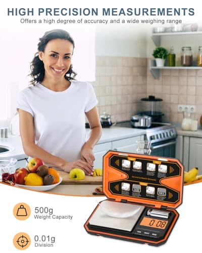Digital Pocket Scale, 500g/0.01g High Precision Mini Grams Scale with 50g Calibration Weight, Digital Food Scale with LCD Display, 6 Units, Tare Function for Food, Jewelry, Coffee, Coin - color: Orange
