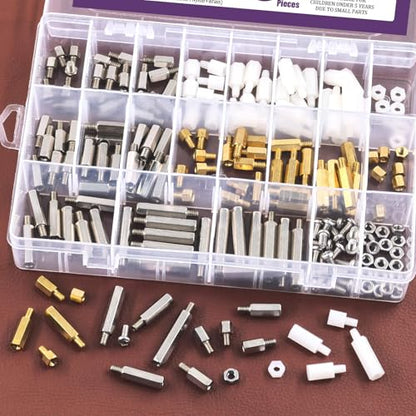 Swpeet 192Pcs M4 21 Sizes 3 Material Iron Nickel Plated/Brass/Nylon Hex Spacer Standoff Screw Nut Assortment Kit, Standoff Male Female Metric Thread Motherboard Spacer for Crcuit Board Fixing - style: M4