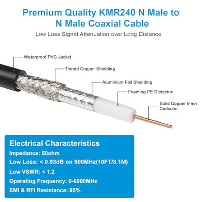 MOOKEERF KMR240 N Cable - 10FT Ultra Low Loss N Male to N Male Cable Pure Copper 50 ohm for 3G/4G/5G/LTE/ADS-B/Ham/GPS/WiFi/RF Radio to Antenna or Signal Booster Use - size: 10FT
