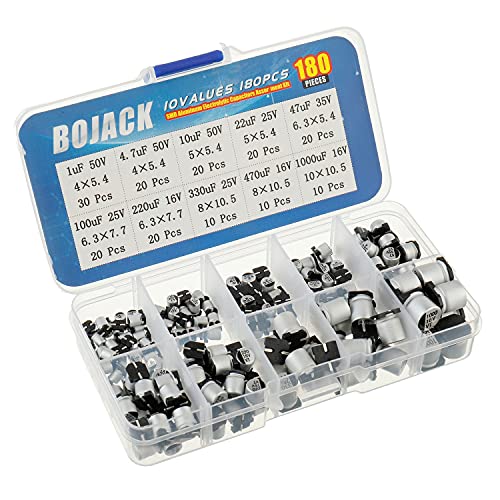 BOJACK 10 Values 180 Pcs 1uF ~ 1000uF SMD Aluminum Electrolytic Capacitors Assortment Kit