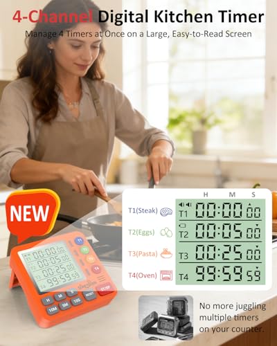 Digital Kitchen Timer with 4 Channel, Loud Alarm and Silent Mode - color: Orange