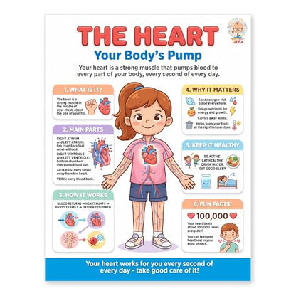 JELLY BEAN GENIUS Human Heart Poster – Laminated Dry-Erase Anatomy Chart for Classroom & Homeschool | Circulatory Science Wall Poster 8.5x11 - color: Human Heart