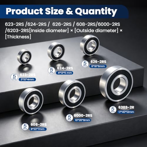30 Pcs 6 Sizes 608 623 624 626 6000 6203-2RS Ball Bearings Assortment Kit