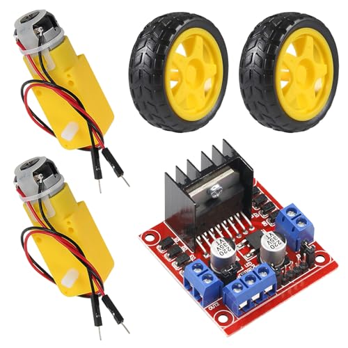 2 Set TT Motor with Leads, DC 3-6V Gearbox Motor Dual Shaft 200RPM Ratio 1:48 Motor with Tire Wheel Kit + 1pcs L298N Motor Drive Controller Board for Arduino DIY Smart Car Robot - style: Set