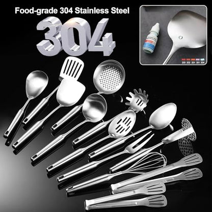 Stainless Steel Kitchen Utensils 13 PCS All Metal Set for Cooking - color: Natural-13