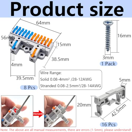 CESFONJER 2-in-12-out Terminal Block Kit (8 Sets), High Density Lever Wire Connectors, Dual Input to Twelve Output, DIN Rail & Screw Fix, for 28-12AWG Wire - color: set1