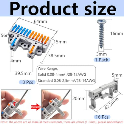 CESFONJER 2-in-12-out Terminal Block Kit (8 Sets), High Density Lever Wire Connectors, Dual Input to Twelve Output, DIN Rail & Screw Fix, for 28-12AWG Wire - color: set1