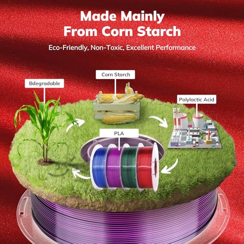 AMOLEN Silk PLA 3D Printer Filament Bundle, Shiny Dual Color PLA Filament 1.75mm Pack, Multi Color Change PLA 3D Printing Filament for Most FDM 3D Printer, 1KG X 4 Spools - color: Black Purple/Black Red/Black Green/Black Sapphire