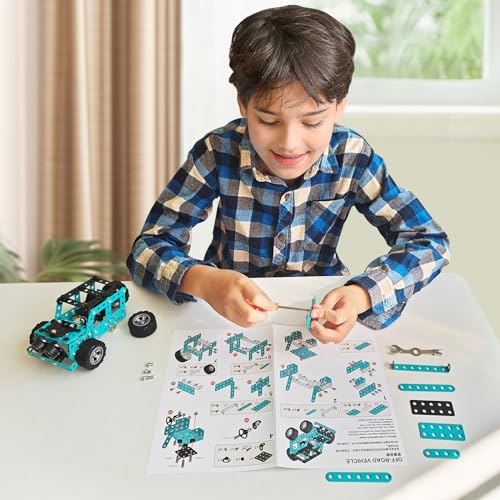 Buildable 3D Metal Engineering Kit 194-Piece STEM Set for Ages 8-16 Develops Logic Skills DIY Project Ideal Gift for Kids (Blue) - style: blue car 2 in 1