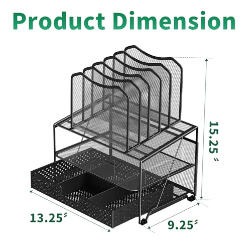 Simple Trending Mesh Desk Organizer with Sliding Drawer, Double Tray with 5 Sections File Bookshelf, Black - size: 13.25”W x 9.25”D x 15.25”H