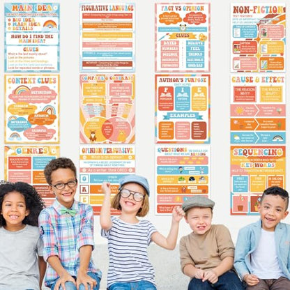 QOUBAI 12pcs Reading Comprehension Posters Groovy Classroom Decor - color: Hippie