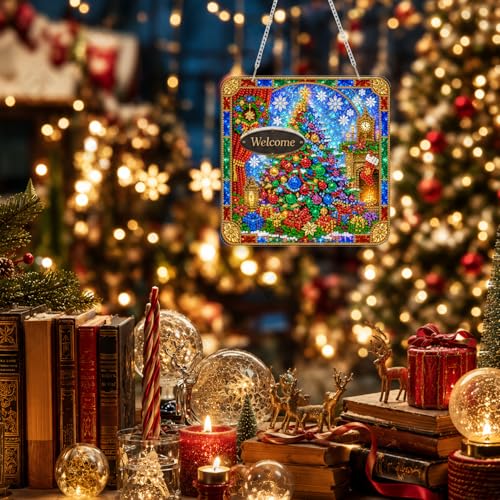 Eiflow Acrylic Diamond Art Hanging Kit for Adults Christmas Tree, DIY Diamonds Painting Door Hanger Ornament Kit Wreath Crystal Diamond Art Painting Wall Window Hanging Pendant - color: Christmas Tree