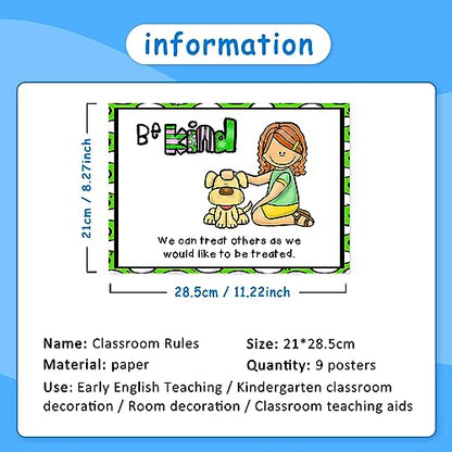Lachilly 9 Sheets Classroom Rules Posters, Classroom Wall Decoration, Class Organization Charts, Bulletin Board Set, Classroom Decoration for Kindergarten Preschool Primary Middle High School - style: Classroom Rule 9P