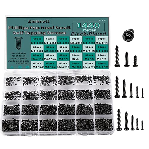 1440 Pcs Black Mini Phillip Pan Head Micro Electronic Screws - M1.2, M1.4, M1.7, M2, M2.3 - 24 Size Assortment Screw Kit