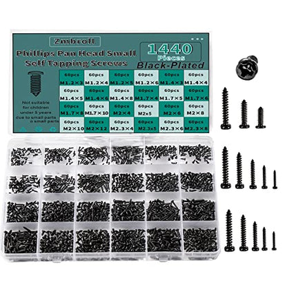 1440 Pcs Black Mini Phillip Pan Head Micro Electronic Screws - M1.2, M1.4, M1.7, M2, M2.3 - 24 Size Assortment Screw Kit