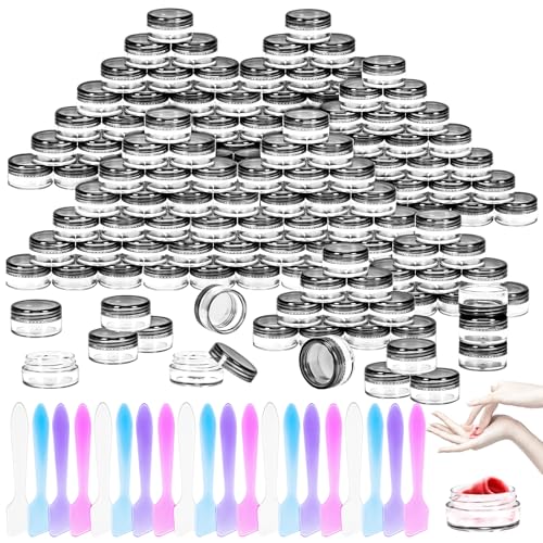 100 Pcs 5g Empty Plastic Containers with Black Lids,Mini Makeup Sample Containers, Small Sample Pot Jars Round Cosmetic Jars with Mini Spatulas for Liquid Sample Powder Creams Lotions - color: Black, size: 100PCS