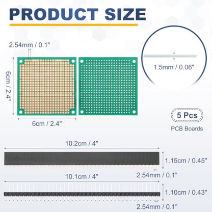 5Pcs 6x6cm PCB Prototype Board w 40-Pin Headers, Green - size: 6x6cm(2.54mm Pitch/1.5mm T)