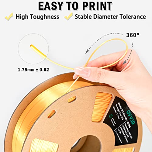 OVV3D Silk PLA Filament 1.75mm, Upgrade Gold PLA Filament 3D Printer Filament, Silk Gold Metal 3D Printing Filament, 3D Filament 1.75 +/- 0.02mm, Silk 1.75 PLA Filament for 3D Printer and 3D Pen, 1kg - color: Silk Metal Gold
